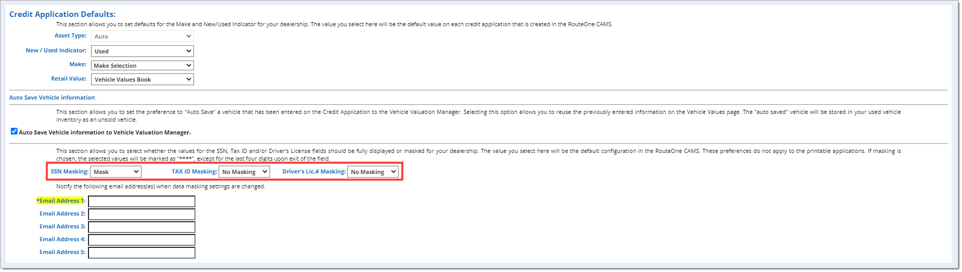 The ‘Credit Application Defaults’ section with the ‘SSN Masking,’ ‘TAX ID Masking,’ and ‘Driver’s Lic.# Masking’ drop-down menus highlighted by a box.