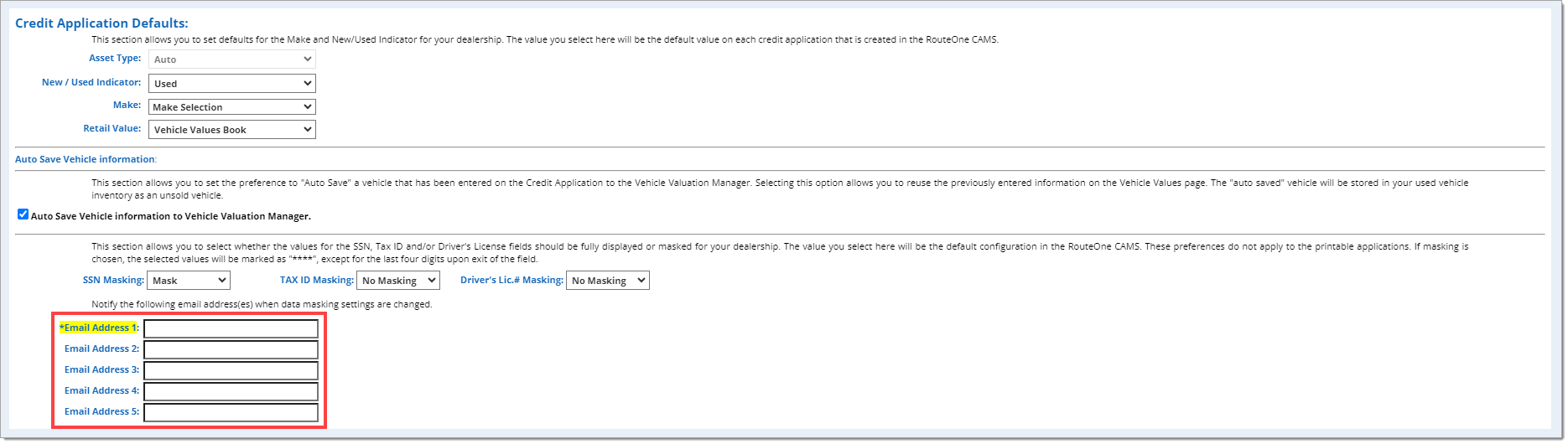 The 'Credit Application Defaults' section with the 'Email Address' fields highlighted by a box and the 'Email Address 1' field highlighted yellow to indicate it is required.