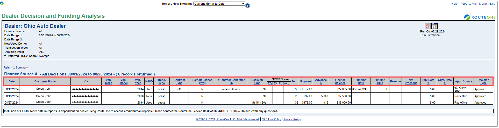 The detailed page for ‘Finance Source A’ with a box highlighting the header row of the report.