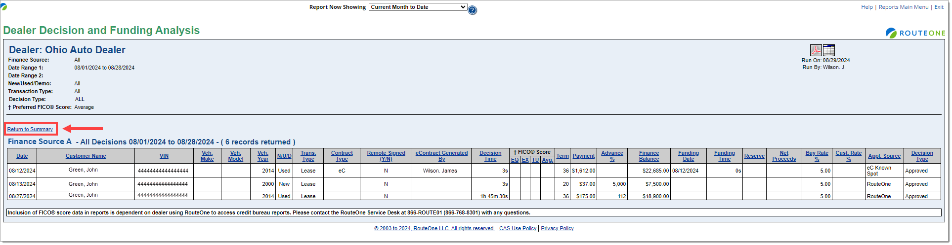 The detailed page for ‘Finance Source A’ with the ‘Return to Summary’ link highlighted by a box with an arrow pointing to it.