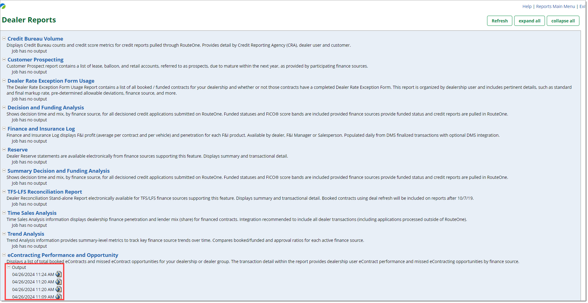 The Dealer Reports page with a box highlighting four generated reports under the ‘Output’ of the eContracting Performance and Opportunity section.