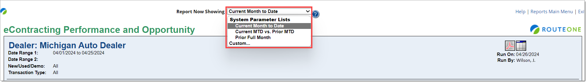 The eContracting Performance and Opportunity page with a box around the ‘Report now showing’ area to show the drop-down menu for custom date frames, and monthly date frames.