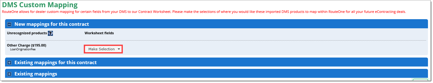 The Custom DMS Mapping page with the ‘New mappings for this contract’ section expanded and the ‘Worksheet fields’ drop-down menu highlighted by a box.