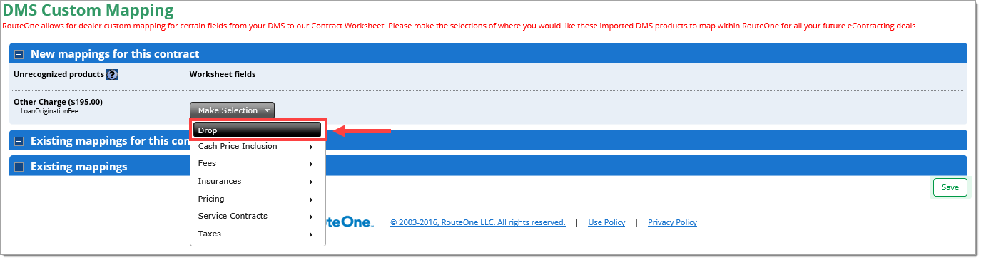 The DMS Custom Mapping page with the ‘New mappings for this contract’ section expanded, and the ‘Make Selection’ drop-down menu opened, with the ‘Drop’ option highlighted by a box and arrow.