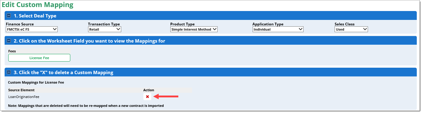 The Edit Custom Mapping page with an arrow pointing to the ‘X’ icon under the ‘Action’ column.