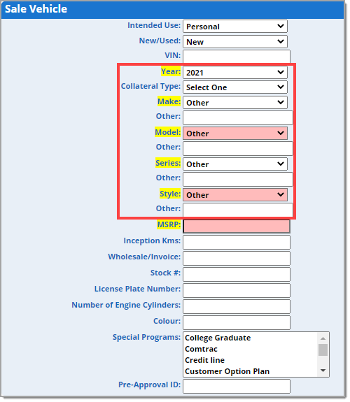 The ‘Sale Vehicle’ section with a box highlighting the ‘Year,’ ‘Make,’ ‘Model,’ ‘Series,’ and ‘Style’ fields.