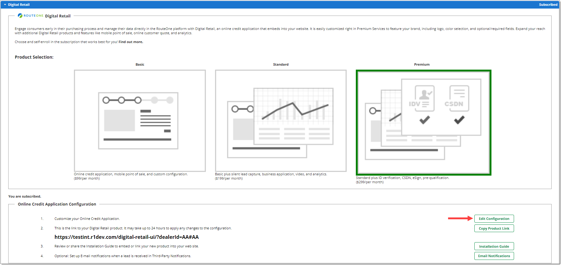 The Digital Retail section of the Premium Services page, with an arrow pointing to the ”Edit Configuration” button.