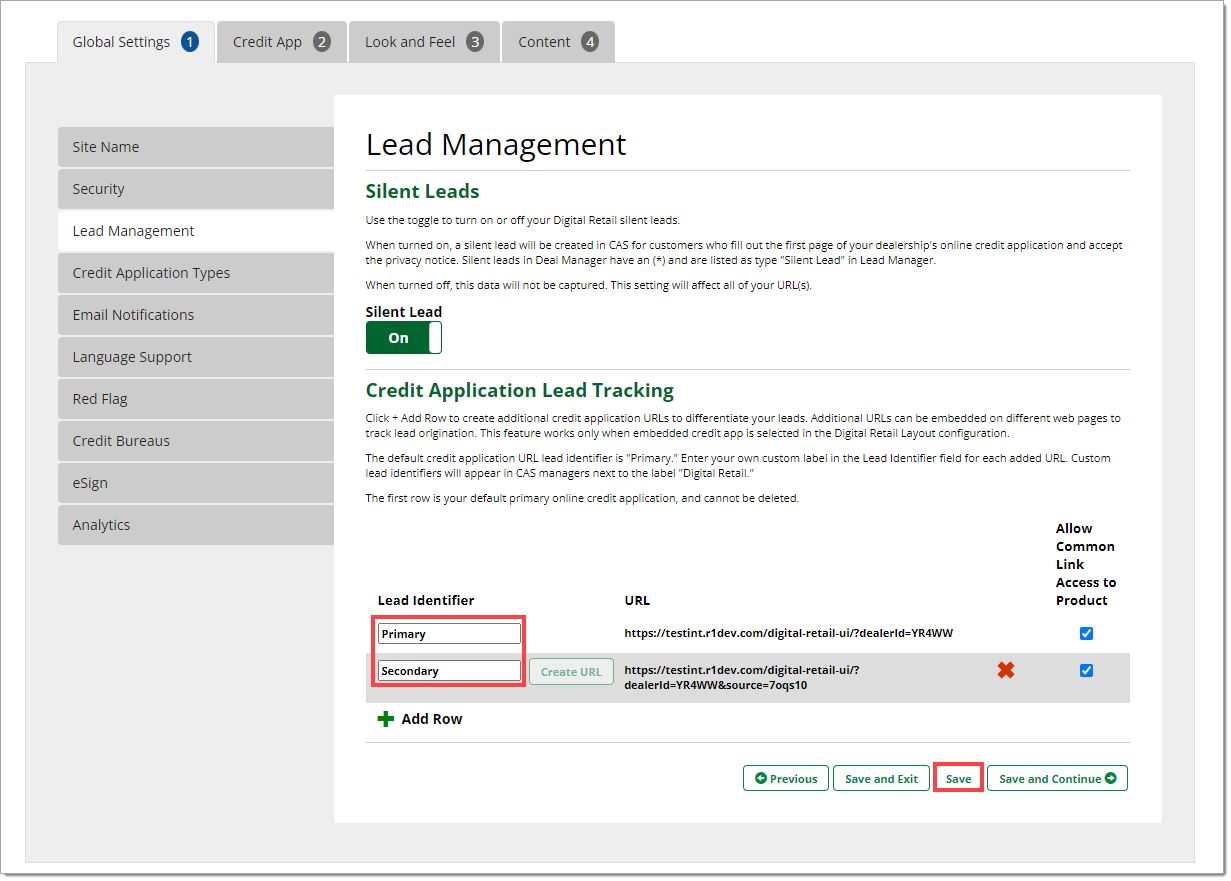 The Lead Management page with a box highlighting the ‘Lead Identifier’ fields and a box highlighting the ‘Save’ button.