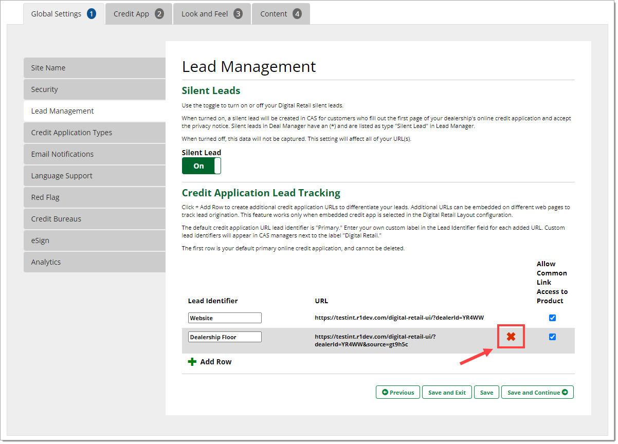 The Lead Management settings page with an arrow pointing to a box highlighting the “x” icon next to the  ‘Dealership Floor’ URL.