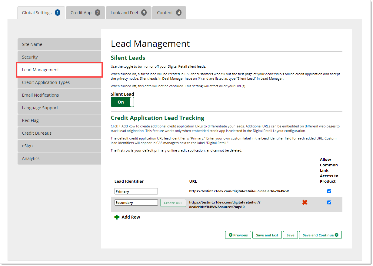 The Lead Management page with the ‘Lead Management’ tab highlighted.