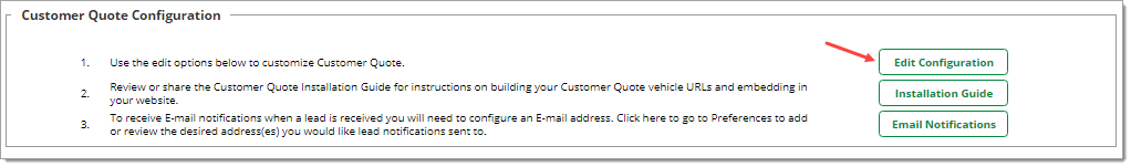 The Customer Quote Configuration section with an arrow pointing to the ‘Edit Configuration’ button.