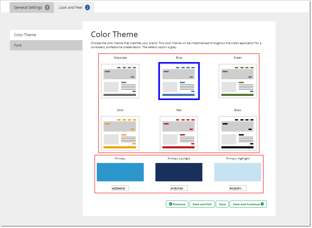 The Color Theme page of the Look and Feel tab, with boxes highlighting the options.