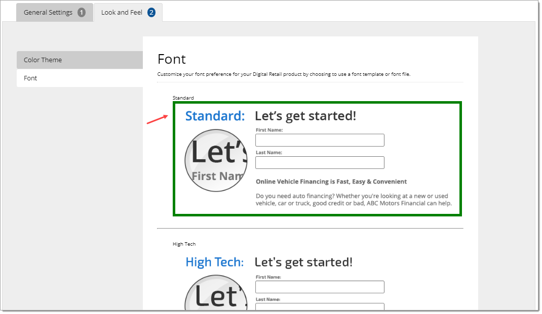 The Font page of the Look and Feel tab with an arrow pointing to the green border around the selection.