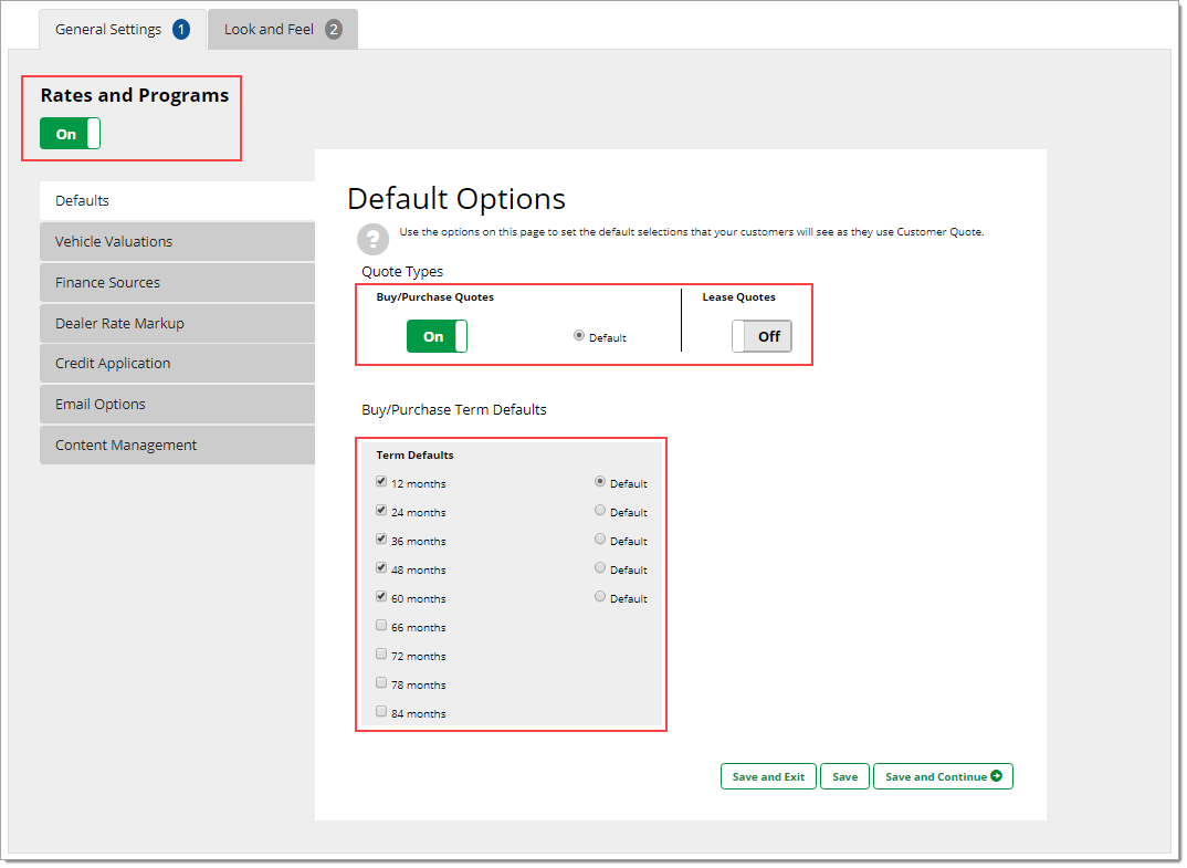 The General Settings tab with boxes highlighting the ‘Rates and Programs’ toggle, the ‘Buy/Purchase Quotes’ and ‘Lease Quotes’ toggles, and the ‘Buy/Purchase Term Defaults’ checkboxes. 