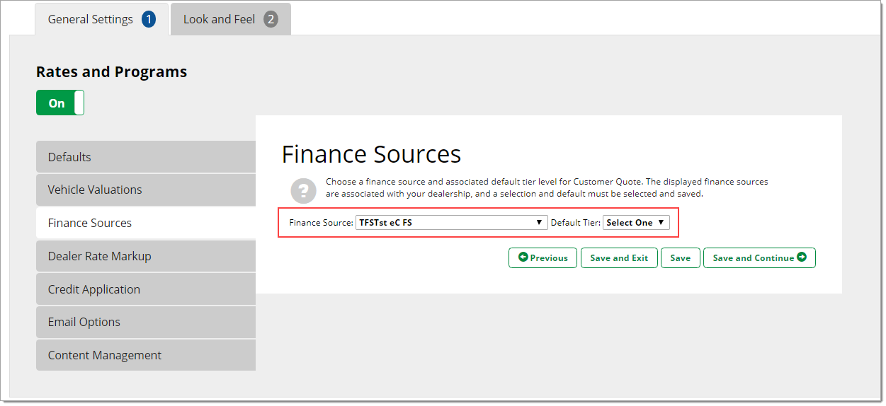 The Finance Sources page of the General Settings tab, with a box highlighting the drop-down menus. 