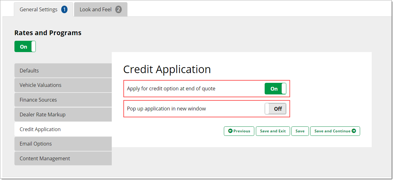 The Credit Application page of the General Settings tab with boxes highlighting the ‘Apply for credit option at end of quote’ toggle set to ‘On’ and the ‘Pop up application in new window’ toggle set to ‘Off’.