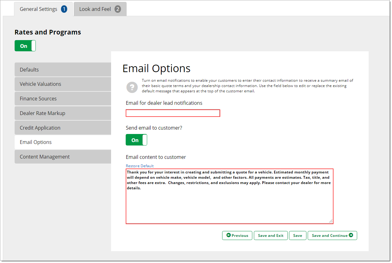 The ‘Email Options’ page of the General Settings tab, with boxes highlighting the email address and email body fields.