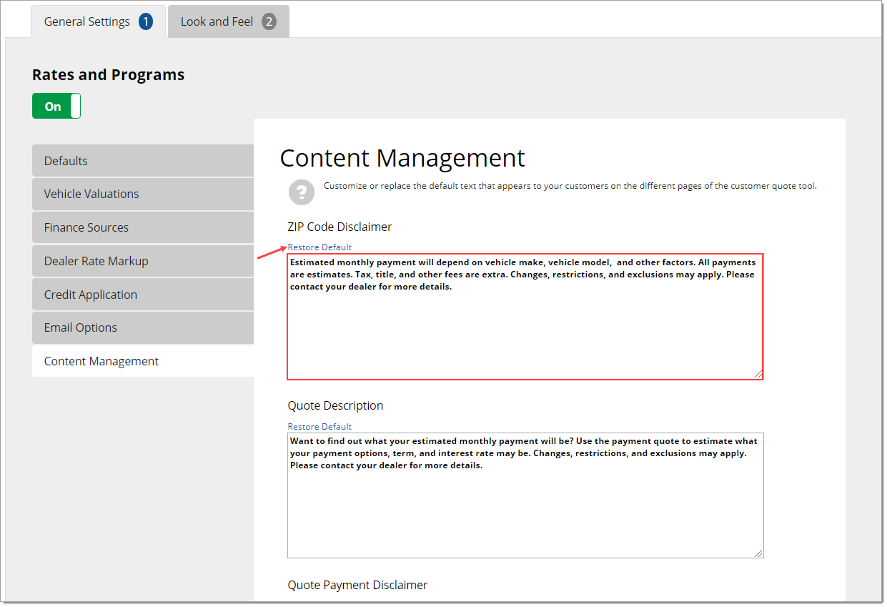 The ‘Content Management’ page of the General Settings tab, with a box highlighting the ‘ZIP Code Disclaimer’ field and an arrow pointing to the ‘Restore Defaults’ link above the box.