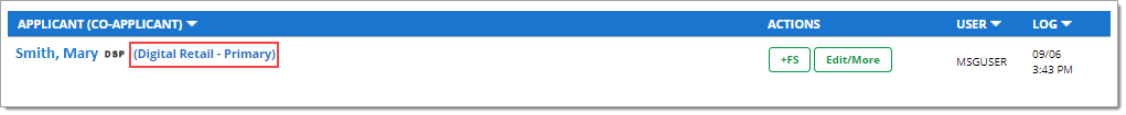 An applicant row with “(Digital Retail – Primary)” highlighted by a box.