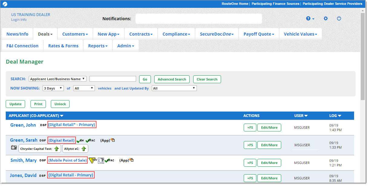 The Deal Manager page with the silent leads labels highlighted by boxes.labels highlighted by boxes.