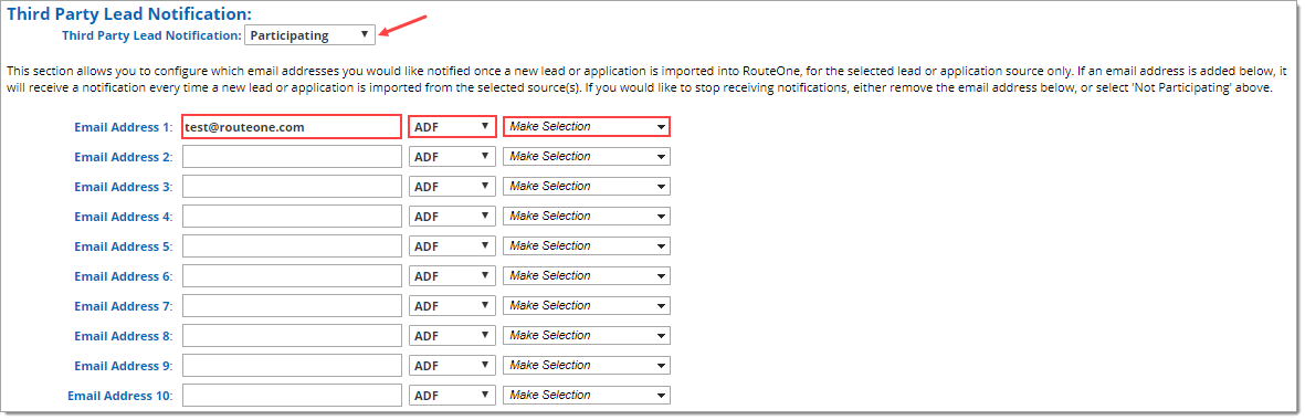 The Third Party Lead Notification section of the Preferences page, with an arrow pointing to the ‘Third Party Lead Notification’ drop-down menu, which is set to ‘Participating,’ and boxes highlighting the first email address field and both corresponding drop-down menus.