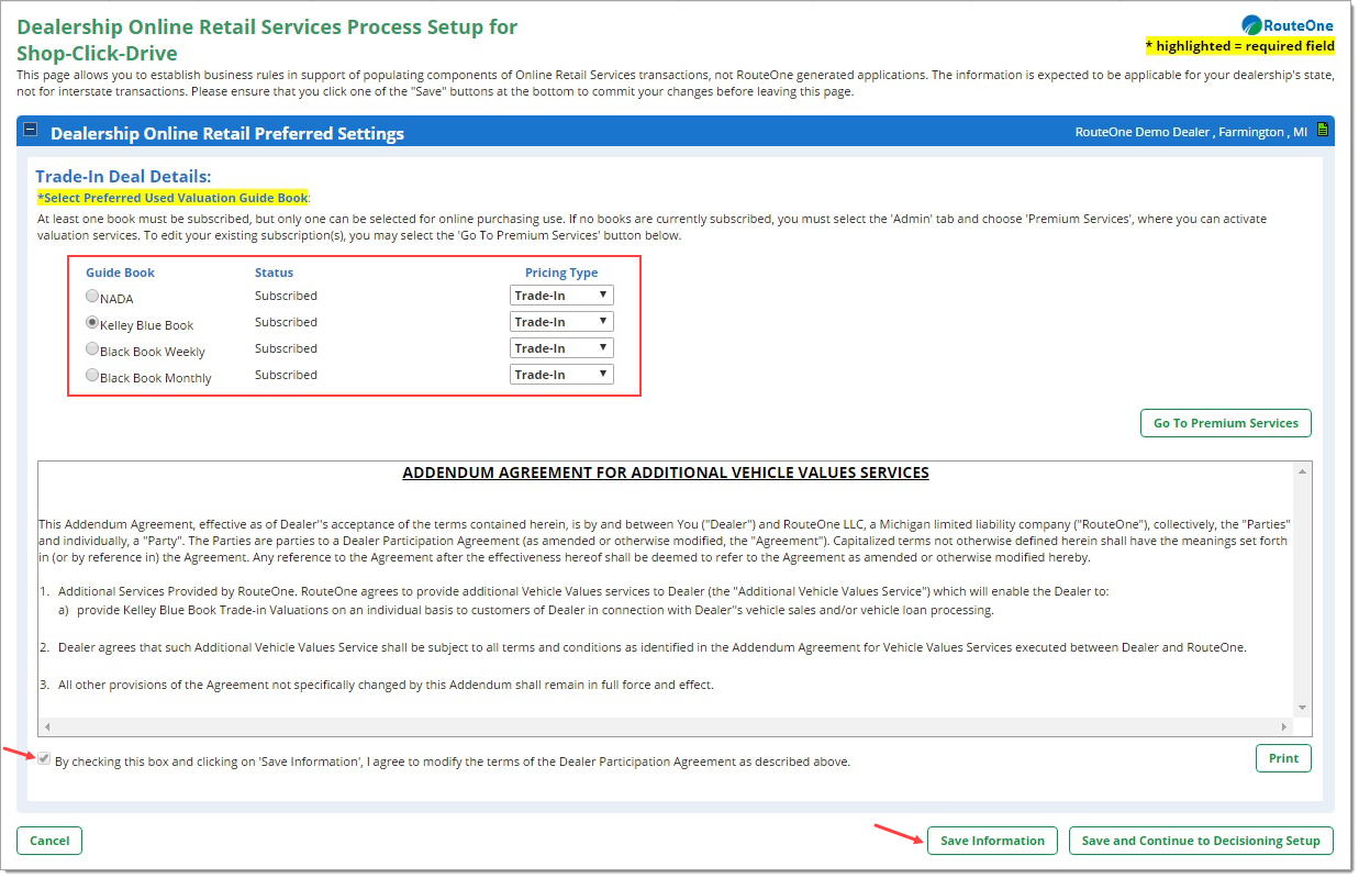 The Dealership Online Retail Services Process Setup for Shop-Click-Drive page with a box highlighting the preferred used valuation guide book options, an arrow pointing to the checked box for the agreement box, and an arrow pointing to the ‘Save Information’ button.