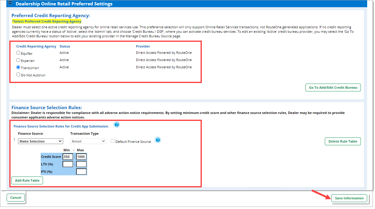 The Dealership Online Retail Preferred Settings section of the Dealership Online Retail Services Decisioning Setup for Shop-Click-Drive page, with a box highlighting the preferred credit reporting agency options, a box highlighting the finance source selection rules fields, and an arrow pointing to the ‘Save Information’ button in the bottom right.