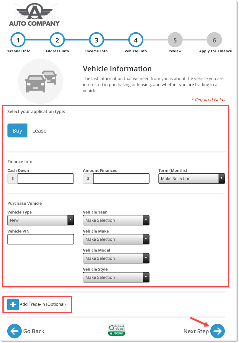 The Vehicle Information page with a box highlighting the empty fields, a box highlighting the ‘Add Trade-In (Optional)’ button, and an arrow pointing to the ‘Next Step’ button.