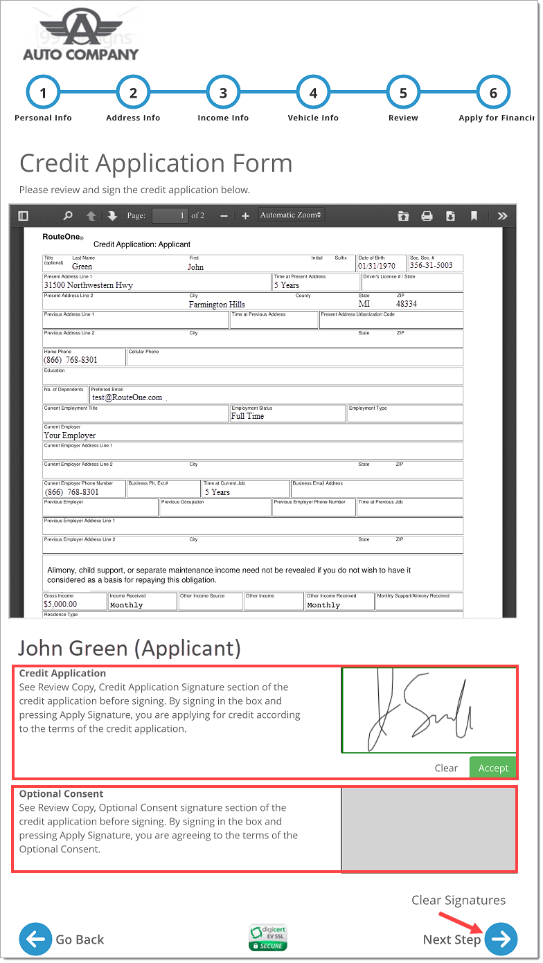 The Credit Application Form page with boxes highlighting the signature sections and an arrow pointing to the ‘Next Step’ button.