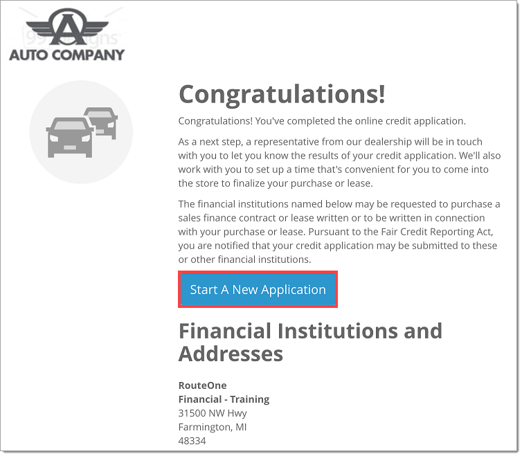 The Completion page, with a box highlighting the ‘Start A New Application’ button.