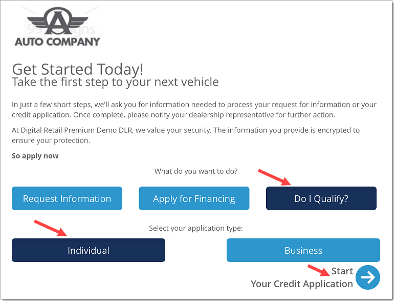 The Introduction page with arrows pointing to the ‘Do I Qualify?’ and ‘Individual’ options and an arrow pointing to the ‘Start Your Credit Application’ button.