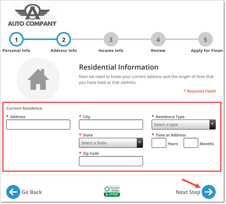 The Residential Information page with a box highlighting the empty fields and an arrow pointing to the ‘Next Step’ button.