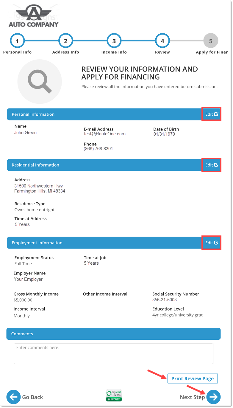 The Review page with boxes highlighting each Edit button, an arrow pointing to the ‘Print Review Page’ button, and an arrow pointing to the ‘Next Step’ button.