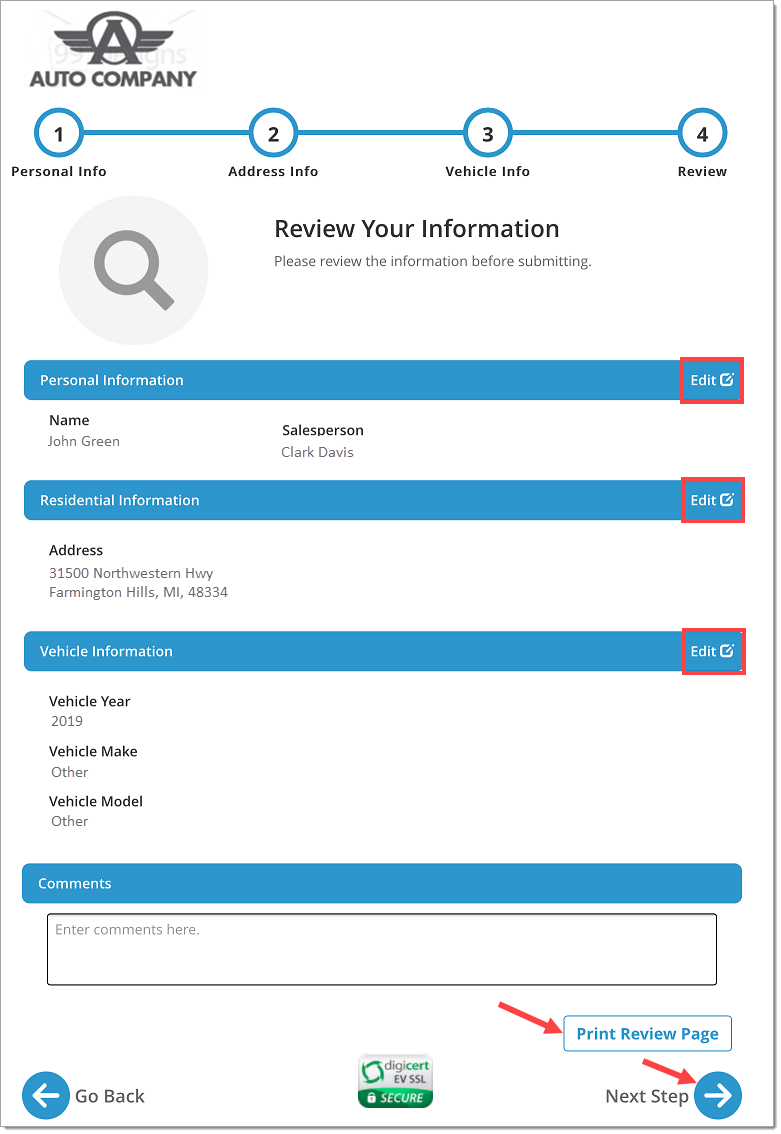 The Review page with boxes highlighting each ‘Edit’ button and arrows pointing to both the ‘Print Review Page’ and ‘Next Step’ buttons.