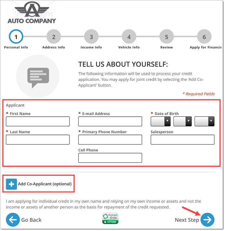 The Personal Information page with a box highlighting the empty fields, a box highlighting the ‘Add Co-Applicant (optional) button, and an arrow pointing to the ‘Next Step’ button. 