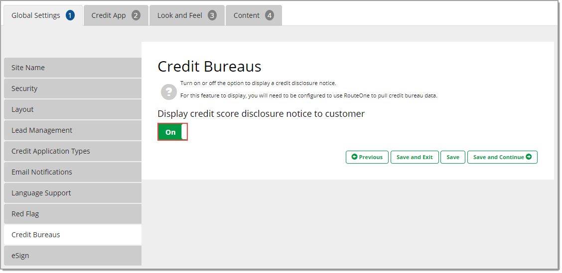 The Credit Bureaus page with the toggle set to “On” and highlighted by a red box. 