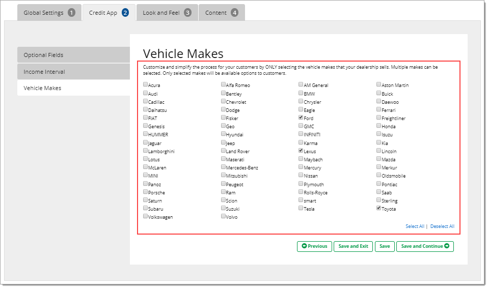 The Vehicle Makes page of the Credit App tab.