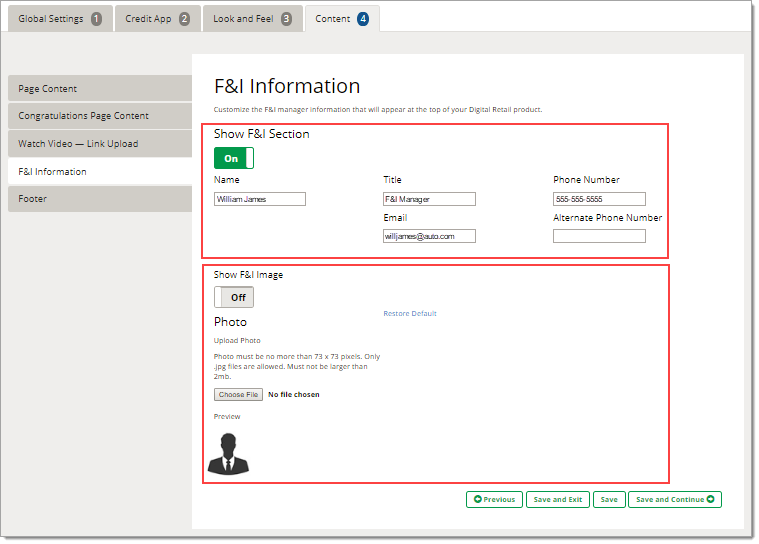 The F&I Information page of the Content tab.  The ”Show F&I Section” toggle is set to ”On”, and the ”Show F&I Image” toggle is set to ”Off”.  Example information is input into the fields.