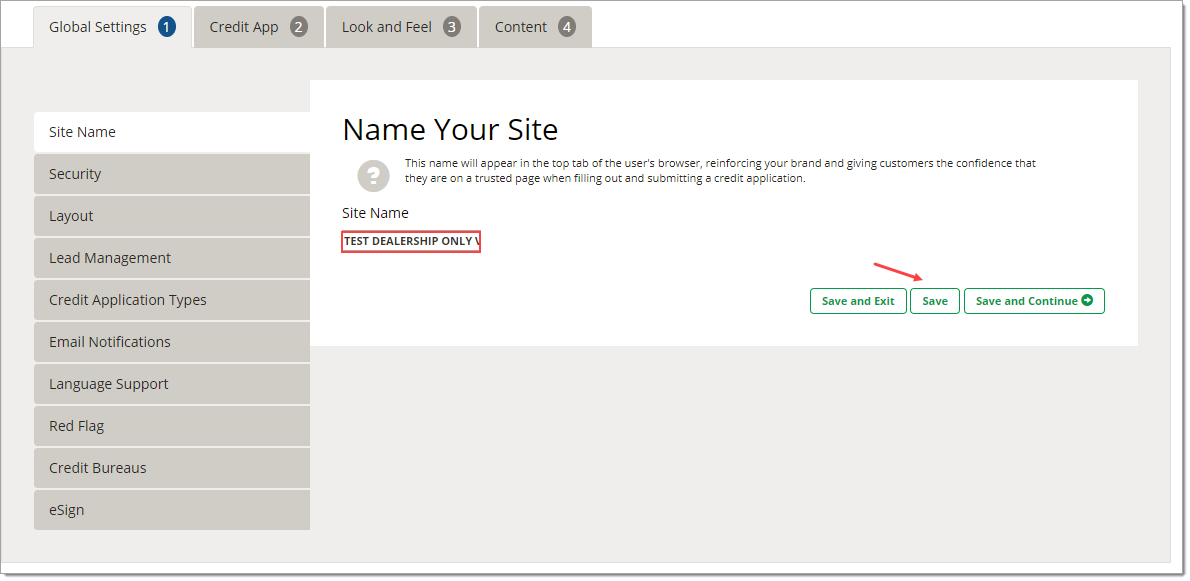 The Site Name page with a box highlighting the site name, ”TEST DEALERSHIP ONLY”, and an arrow pointing towards the Save button.