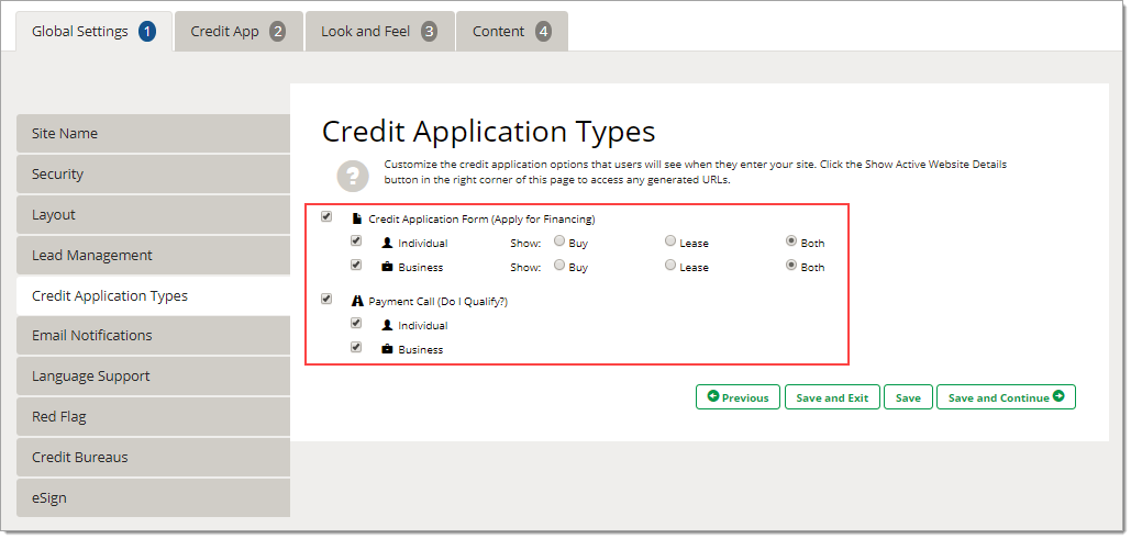 The Credit Application Types page with a box surrounding the options.