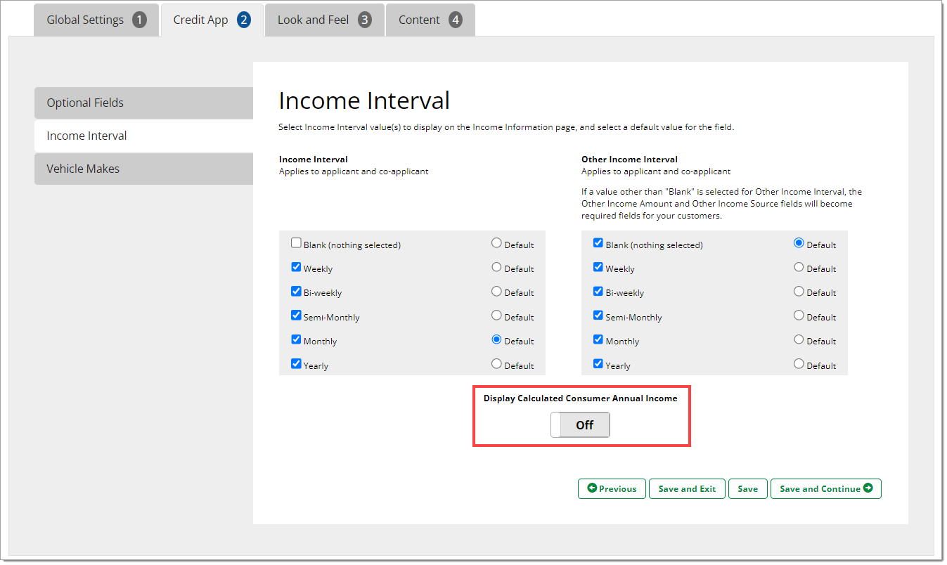 The Income Interval page of the Credit App page with a box highlighting the ‘Display a Calculated Consumer Annual Income’ toggle.