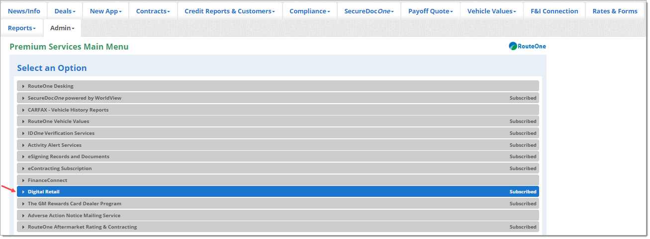 The Premium Services page with an arrow pointing to the ‘Digital Retail’ section.