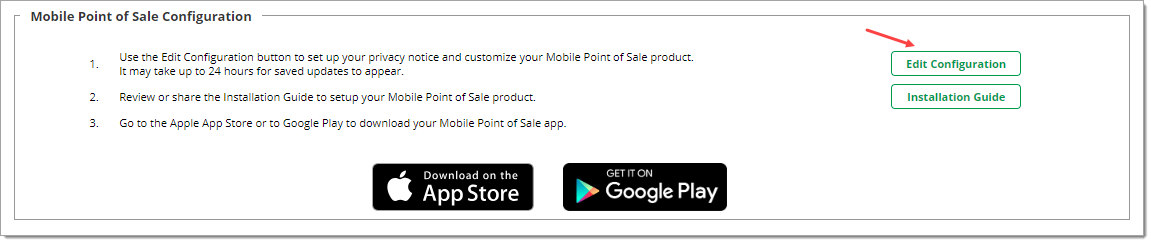 The Mobile Point of Sale Configuration section, with an arrow pointing to the ‘Edit Configuration’ button.