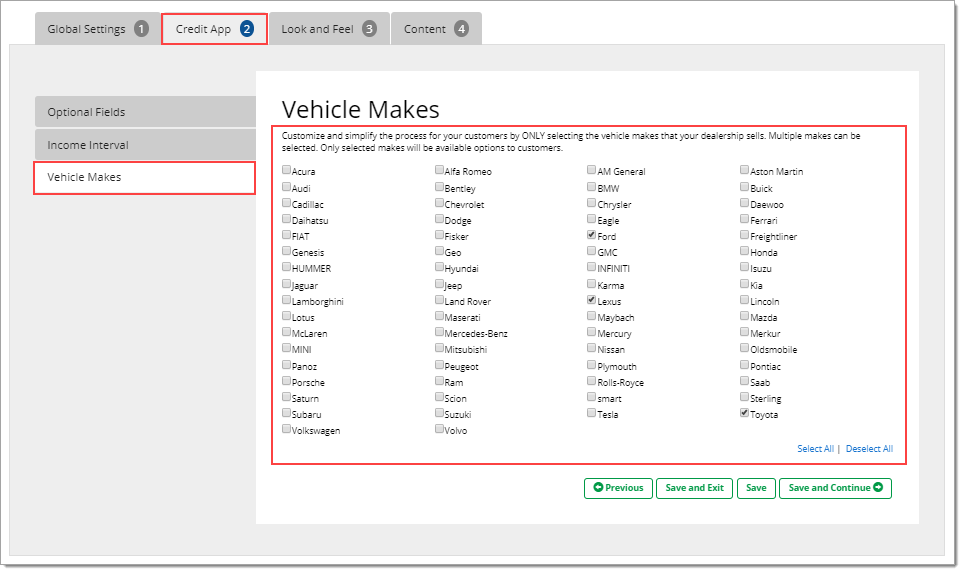 The Vehicle Makes page of the Credit App tab, with a box highlighting the content of the page.