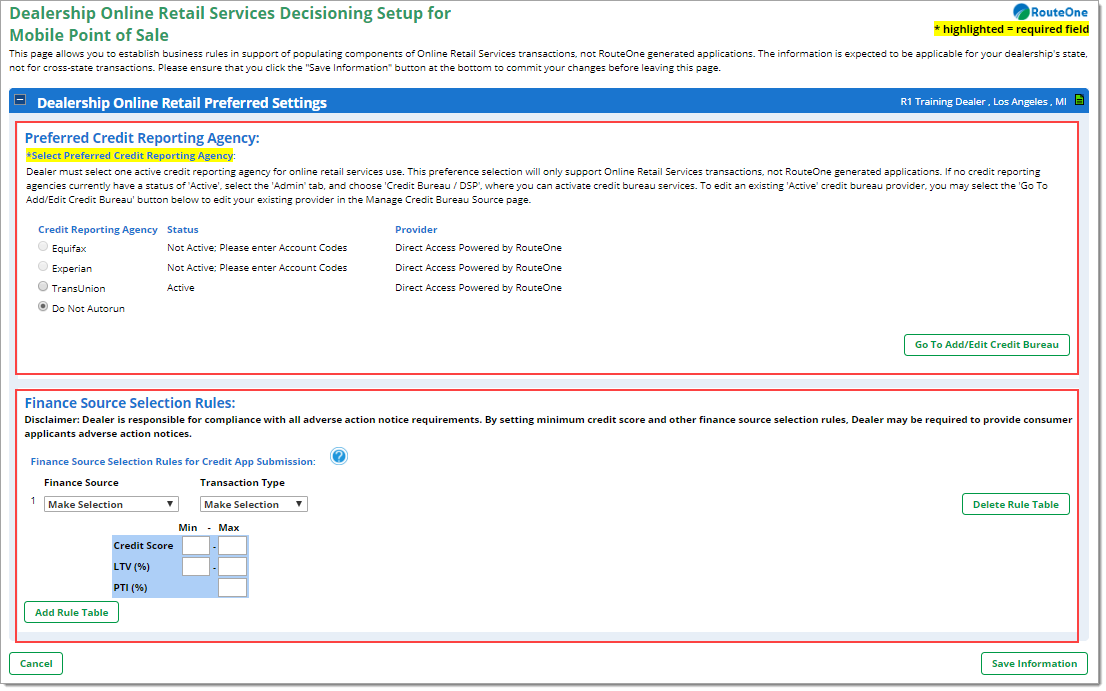 The Dealership Online Retail Preferred Settings section with both the ‘Preferred Credit Reporting Agency’ and ‘Finance Source Selection Rules’ sections highlighted by boxes.