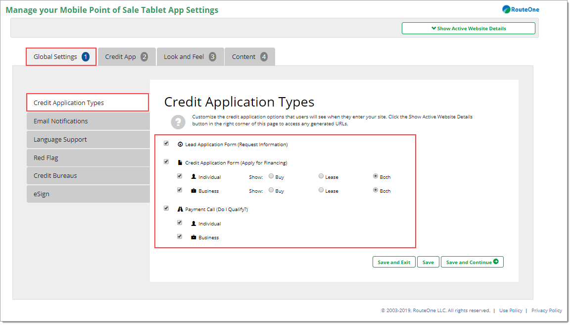 The Credit Application Types page of the Global Settings tab, with a box highlighting the checkbox options.