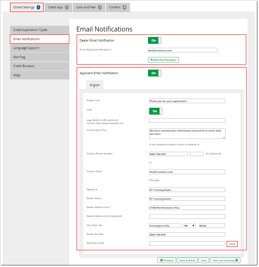 The Email Notifications page of the Global Settings tab with boxes highlighting both sections of the page and the ‘Send’ button.