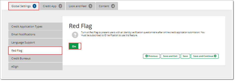 The Red Flag page of the Global Settings page with a box highlighting the Red Flag toggle set to ‘On’.