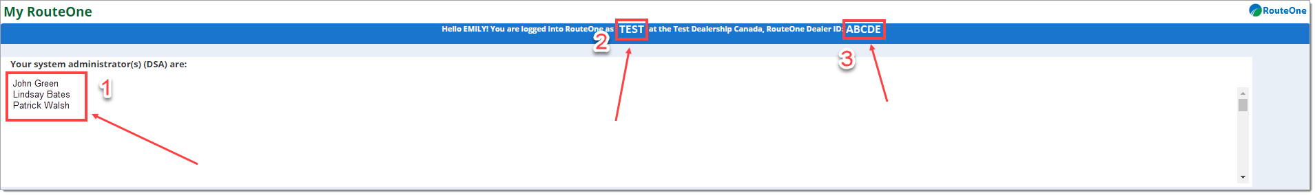 The MyRoueOne page with a box labelled ’1’ highlighting the names of the DSAs with an arrow pointing to it, a box labeled ’2’ highlighting the User ID at the top of the screen and an arrow pointing to it, and a box labeled ’3’ highlighting the Dealer ID with an arrow pointing to it.
