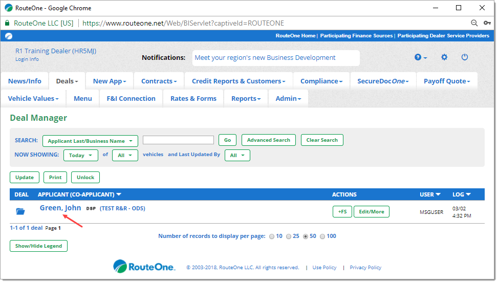 The Deal Manager page with an arrow pointing to the name of the applicant. 